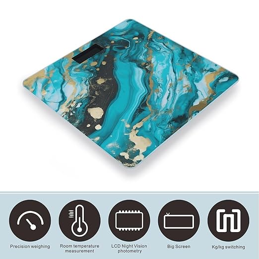 Turquoise Blue Gold Marble Bathroom Scale Large LCD Backlight Display Digital Scale Rounded Corners Body Scales Automatic Power On/Off Bathroom Scales for Home Bedrooms