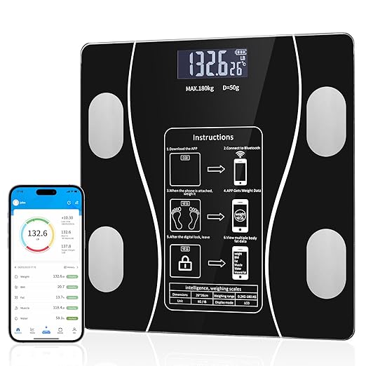 Smart Weighing Scale Bluetooth Smart Body Fat Scale accurately Measures Weight Body Fat Percentage Muscle Mass Percentage BMI and Other Body Metrics. (Black)