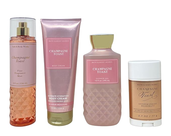 Bath &amp Body Works Champagne Toast Fine Fragrance Mist Daily Nourishing Body Lotion Shower Gel and Antiperspirant Deodorant with a Peach Gardenia Bar Soap