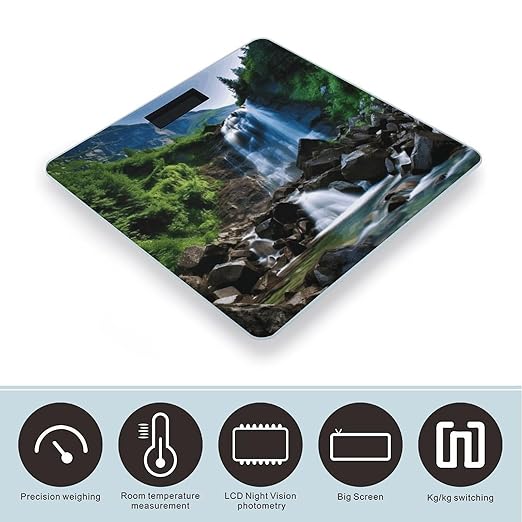 Scenic Mountain Waterfall Bathroom Scale Large LCD Backlight Display Digital Scale Rounded Corners Body Scales Automatic Power On/Off Bathroom Scales for Home Bedrooms