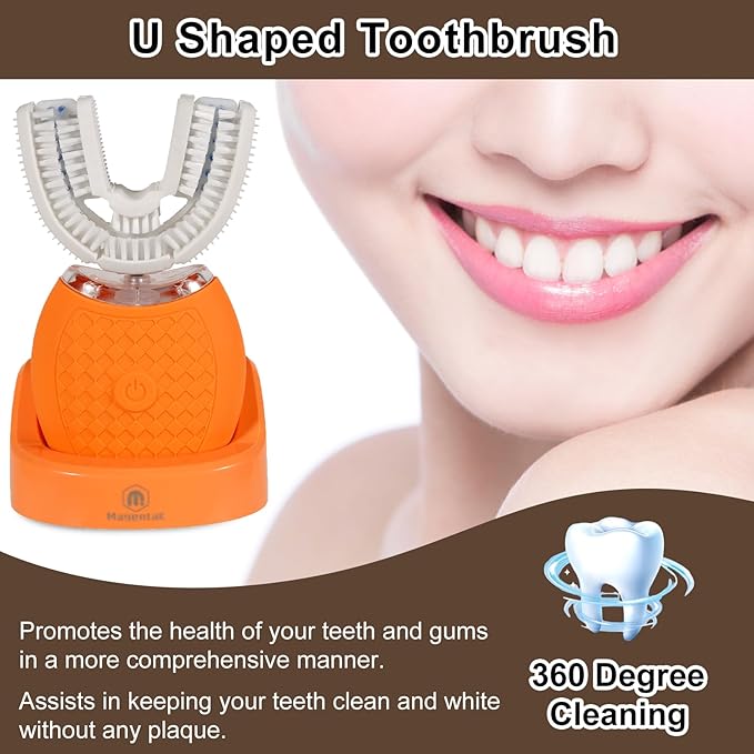 Electric U Shaped Toothbrush for Adult360 Degree Automatic Cleaning Ultrasonic Tooth Brush has 23760 Nylon Bristles and 3 Modes Standard Fast Ultra Fast(Orange)