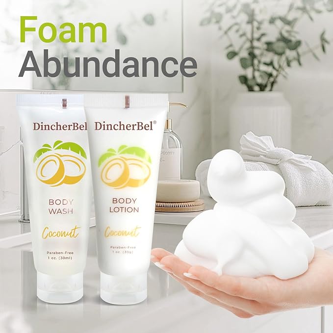 DincherBel Travel Size Body Wash and Body Lotion - Bulk Hotel Toiletries Supplies for Guests - Refreshing Tropical Coconut Scent Shower Gel and Body Cream for Men &amp Women (1 Fl Oz 100 Pack)