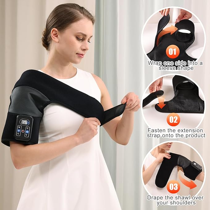 Cordless Knee Massager with Heat Vibration Heating Pad for Pain Relief 3 Vibrations &amp 5 Heating Levels Shoulder Brace Knee Brace Wrap Gifts for Dad Mom Men Women Seniors (Black Single)