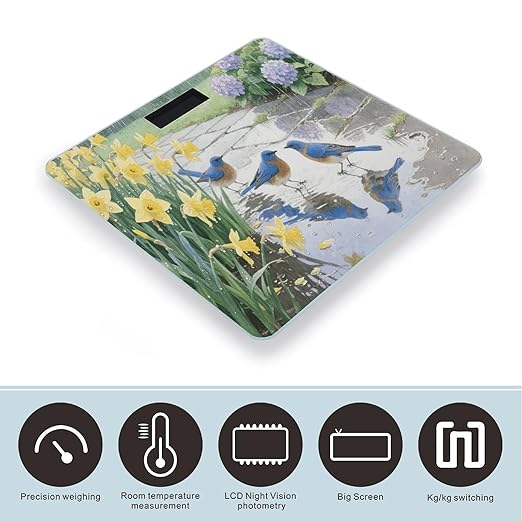 Summer Bluebirds Daffodil Weight Scale Large Digital Bathroom Scales with Bright LED Display Non Slip Digital Scale and Step On Fashion Weighing Machine for Body