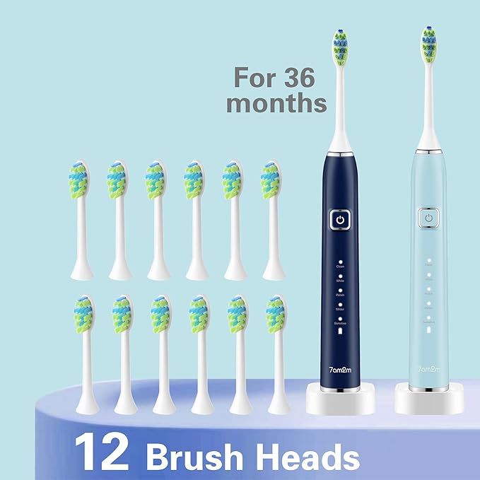 7AM2M Electric Toothbrush 2 Pack Set for Adults 12 Replacement Brush Heads 5 Adjustable Modes Built-in 2-Minute Smart Timer Fast Charge for 60 Days IPX7 Waterproof Navy &amp Light Blue