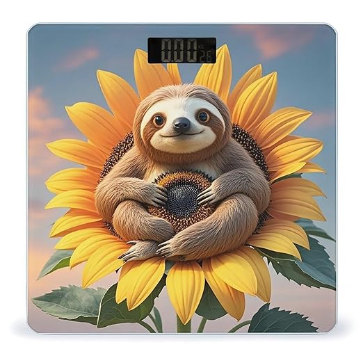 Sloth Sitting on Sunflower Bathroom Scale for Body Weight Bathroom Weighing Scales with Back Lit LED Display Sturdy Tempered Glass Body Weight Bathroom Scale 400lb Weighing