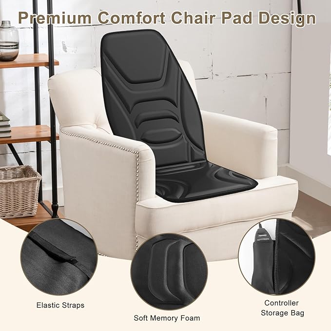 Back Massager Chair Pad with Heat Back Massager for Back Pain Relief Chair Massager with Vibration Portable Massage Chair Pad for Office Use Matte Black
