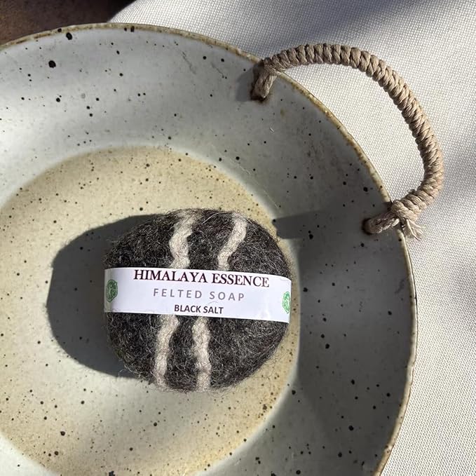 Handmade Felted Essential oil SoapHandcrafted Felted SoapUnique Bathroom DecorTibetan Yak Milk and WoolFacial Cleanser Body Wash 100g (Black Salt)