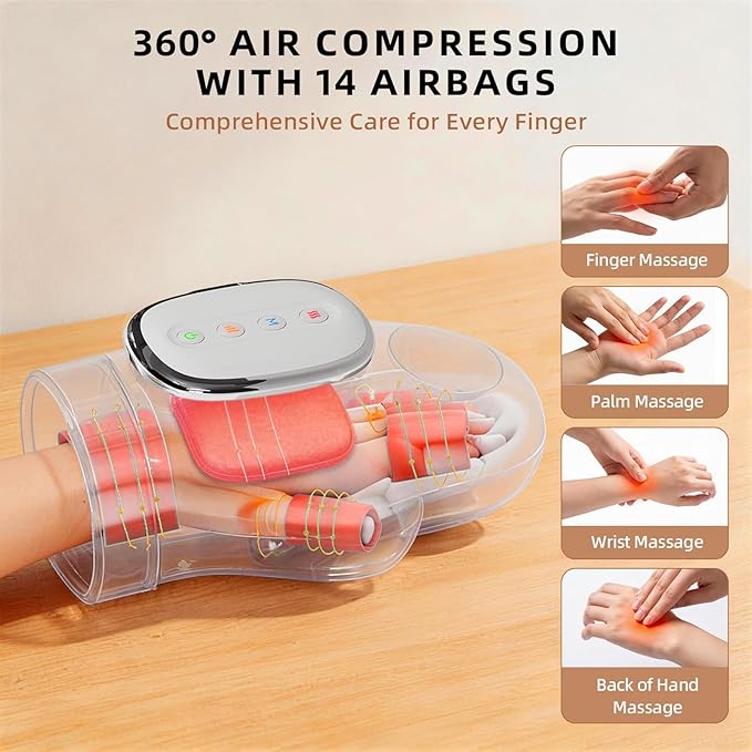 Cordless Hand Massager with Heat and Compression for Arthritis Carpal Tunnel 3 Massage Modes 3 Heating Levels 5 Intensities Hand Massage Helps Soothe Hand Fatigue Gift for Women Men
