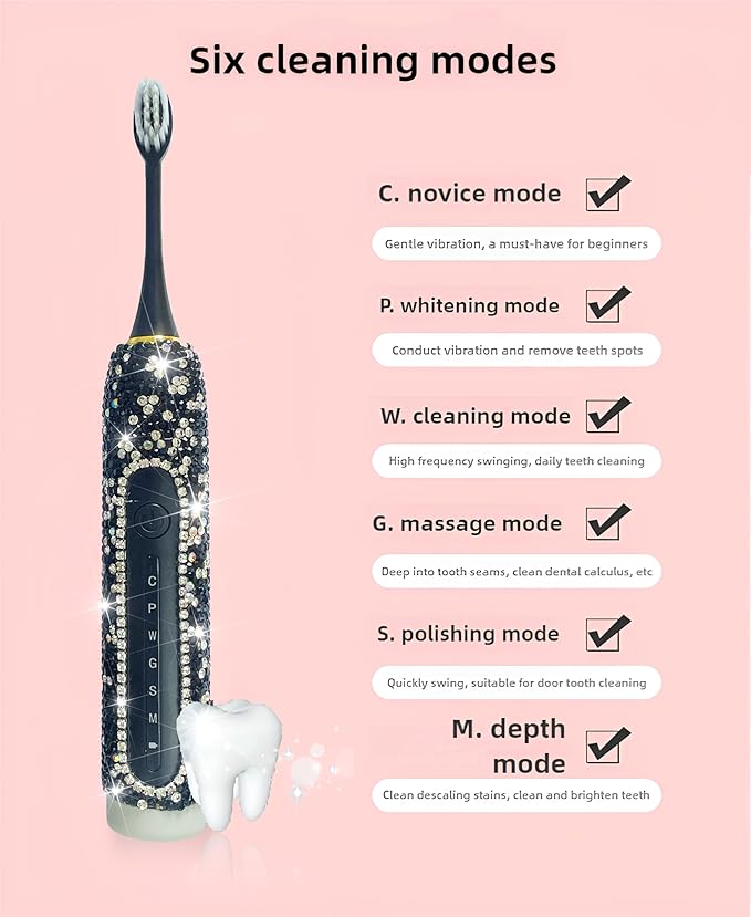 Electric Toothbrush for Woman Bling Diamond Decor Portable Travel Essentials for Couple Gifts Toothbrush with 3 Replacement Heads 6 Modes（Pink &amp Black