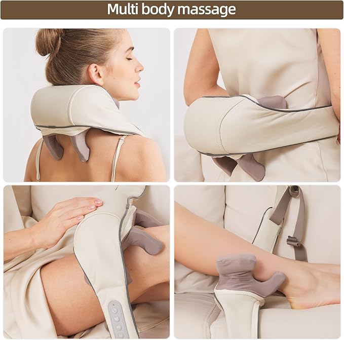 Neck Massager with Heat Cordless Neck and Shoulder Massage Rechargeable Shiatsu 6D Kneading Massager for Pain Relief Deep Tissue Gift for Mom&ampDad (Light Beige)