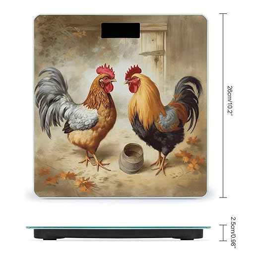 Chicken and Rooster Print Scale for Body Weight Safe Rounded Corners Tempered Glass Digital Bathroom Scale LED Display 400lb Capacity Weight Scales with High Precision Sensors