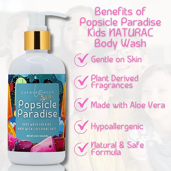 Kids Body Wash – Plant Based Gentle Moisturizer with Shea Butter – Safe for Sensitive Skin – Popsicle Paradise – 3 Pack (8 oz Each)