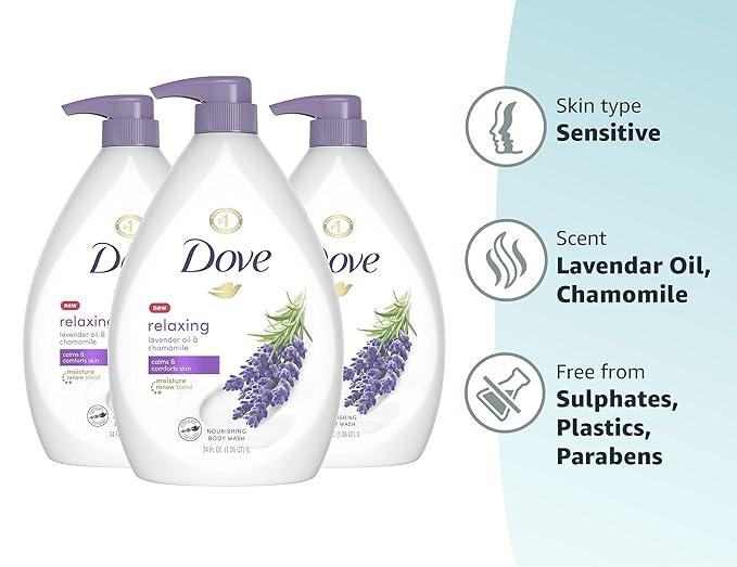 Dove Relaxing Body Wash Pump Calms &amp Comforts Skin Lavender Oil and Chamomile Effectively Washes Away Bacteria While Nourishing Your Skin 34 oz 3 Count