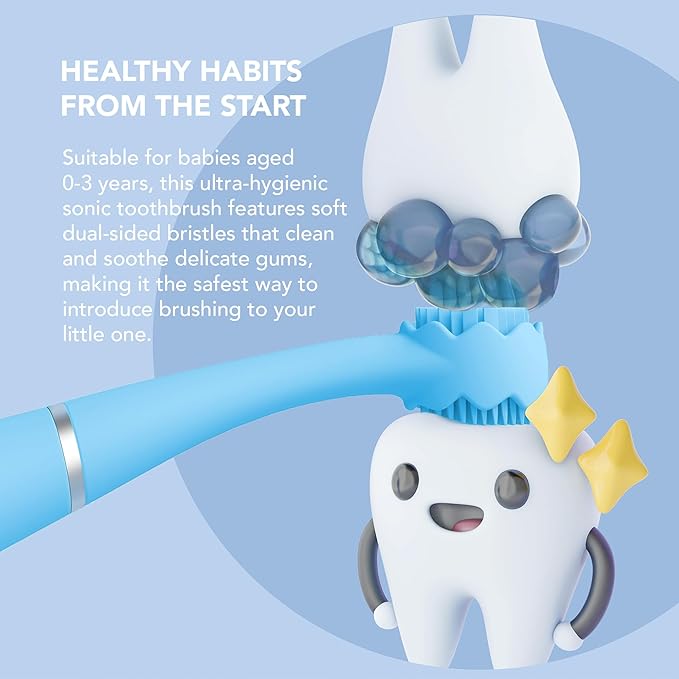 FOREO ISSA 4 Baby – Silicone Sonic Electric Toothbrush Bundle for Babies 2-Sided Bristles Fun Smile Feature Gum Massage 12 Months of Care with Extra Brush Head Travel-Friendly - Bubble Blue