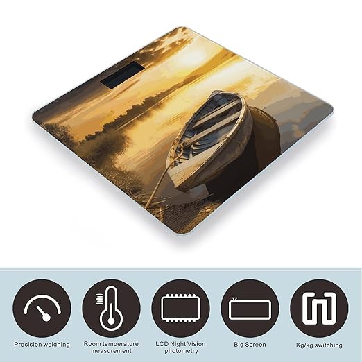 River Sunset Wooden Boat Bathroom Scale for Body Weight 400 Lb Weight Scale with High Precision Sensors Tempered Glass Highly Accurate Digital Weighing Machine for People