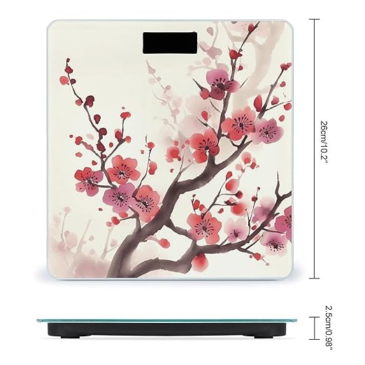 Japanese Spring Plum Floral Weight ScaleClear LED Display Bathroom Digital Weighing ScaleTempered Glass Digital Bathroom Scale for Body Weight Capacity Up to 400 Lbs