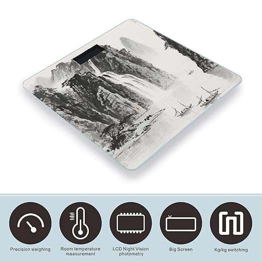 Ink Painting Landscape Weight Scale Large Bathroom Scales Digital Weight with Bright LED Display Non Slip Automatic Weighing Scale Fashion Weighing Machine for Body