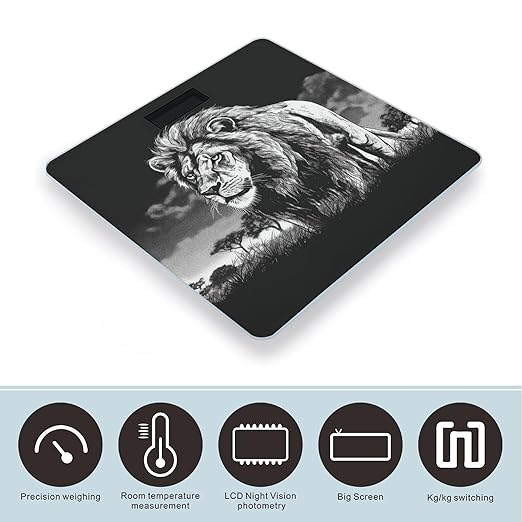 Lion Black and White Illustration Bathroom Scale for Body Weight LCD Display Digital Bathroom Scale Tempered Glass Bathroom Weight Scales Fashion Smart Scales for Home Bedroom 400 Lb