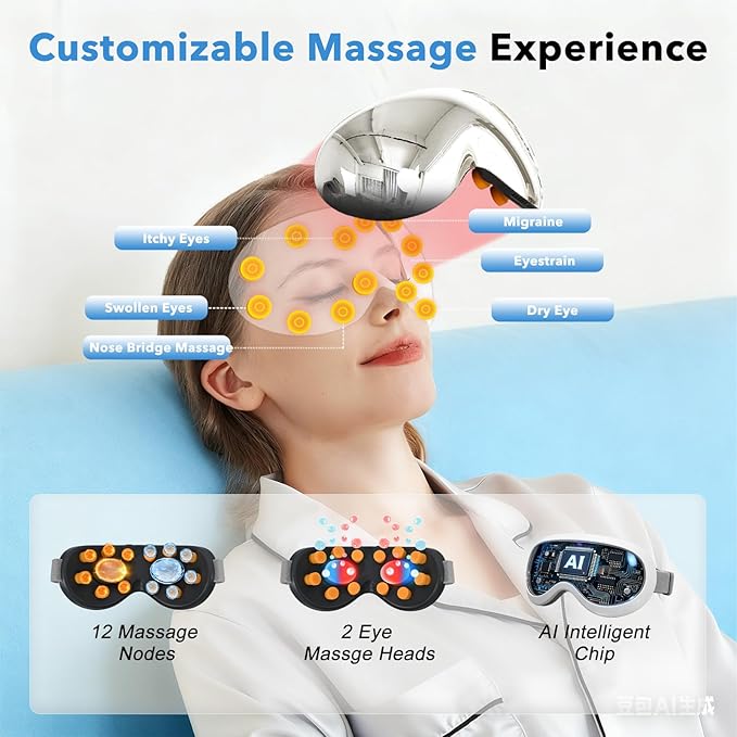 Eye Massager with Heat and Cooling for Migraines – 14 Massage Nodes for Eye Strain Relief Rechargeable Bluetooth Music Improve SleepEye Strain Relief Birthday Gifts for Women and Men(sliver)