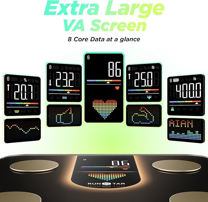 RunStar Scale for Body Weight Smart Scale with 8-in-1 VA Display High Precision Bathroom Digital Scale for Body Weight Heart Rate BMI Body Fat 22 Body Composition Sync APP FSA&ampHSA Eligible