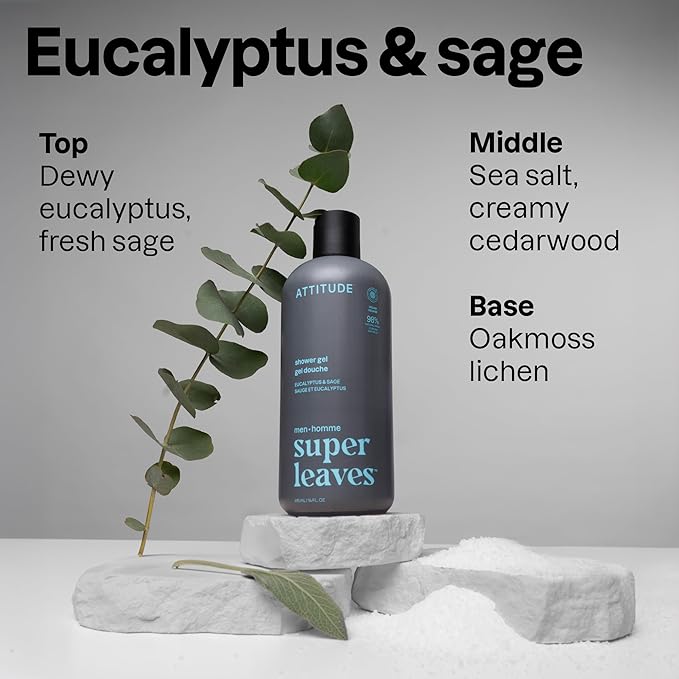 ATTITUDE Shower Gel Body Wash for Men 98% Natural Origin Ingredients Paraben &amp Phthalate Free EWG Verified Cleanses Without Drying Eucalyptus &amp Sage 14 Fl Oz (Pack of 3)