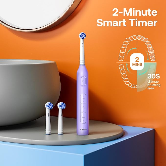 Bitvae R1 Rotating Electric Toothbrush with 8 Brush Heads for Adults and Kids 60-Day Battery Life 5 Modes Rechargeable Power Toothbrush with 2-Minute Smart Timer Purple