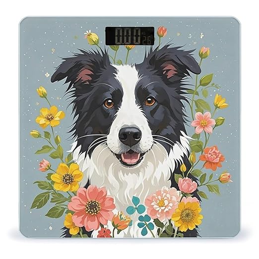 Border Collie Florals Scale for Body Weight Accurate Digital Bathroom Scale Toughened Glass High Precision Scales Smart Weight Scales with Large LCD Backlight Display Weighing Machine