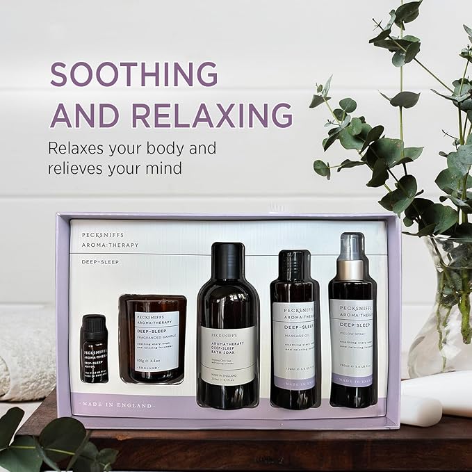Pecksniff's Fragrance Gift Sets Luxurious Handcrafted in England (Aroma:Therapy Deep-Sleep: Bath Soak Candle Pillow Spray Massage Oil)