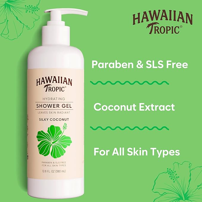 Hawaiian Tropic Hydrating Shower Gel Body Wash 5 Pack 380ml Bottle Silky Coconut Scent SLS Free Paraben Free Hotel Bathroom Amenities Bulk Size Air Bnb Guest Bathroom Essentials Airbnb