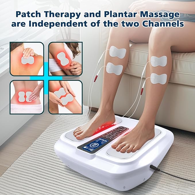 EMS Foot Massager with HeatTENS Electronic Muscle Circulation Stimulator with 4 Electrode Pads for NeuropathyRelieves Swelling Fatigue Plantar Fasciitis-Silent Operation ((White)
