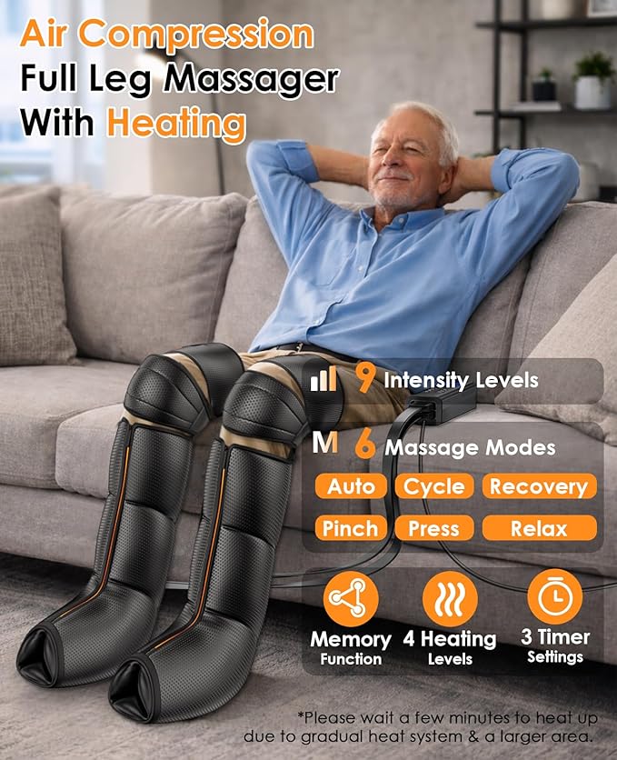 Leg Massager with Heat and Compression - Foot Calf Thigh Massage for Circulation and Pain Relief Professional Compression Boots with 6 Modes 9 Intensity 4 Heat Gifts for Mom Dad