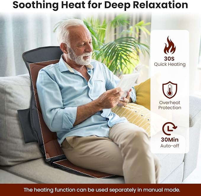 WELLHUT Massage Seat Cushion Back Massager with Heat 10 Vibration Nodes &amp 2 Heating Levels Back Massager for Pain Relief Massage Chair Pad Back Massager for Chair Home Office Use