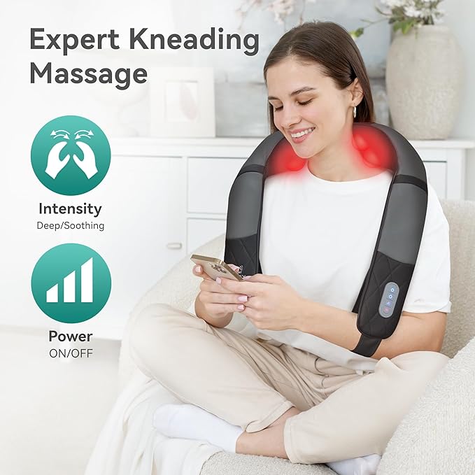 Snailax Rechargeable Neck Massager with Heat Shiatsu Back and Neck Massager Cordless Portable Deep Kneading Shoulder Massage Pillow Gifts for Dad Mom
