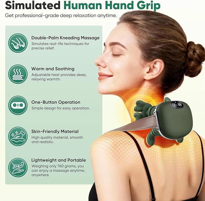Neck and Shoulder Massager with Heat Bionic Hand Kneading Deep Tissue Massager for Neck Shoulders &amp Back Pain Relief Wireless Rechargeable Hands-Free Massage Device (Green)