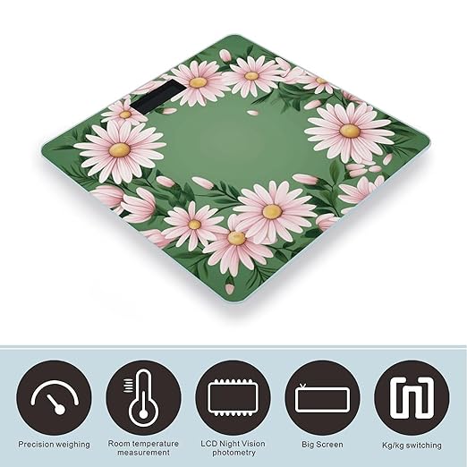 Leaves and Daisies Scale for Body Weight Anti-Slip Tempered Glass Digital Bathroom Scales Clear LCD Display Weighing Scale Safe Rounded Corners Smart Scales