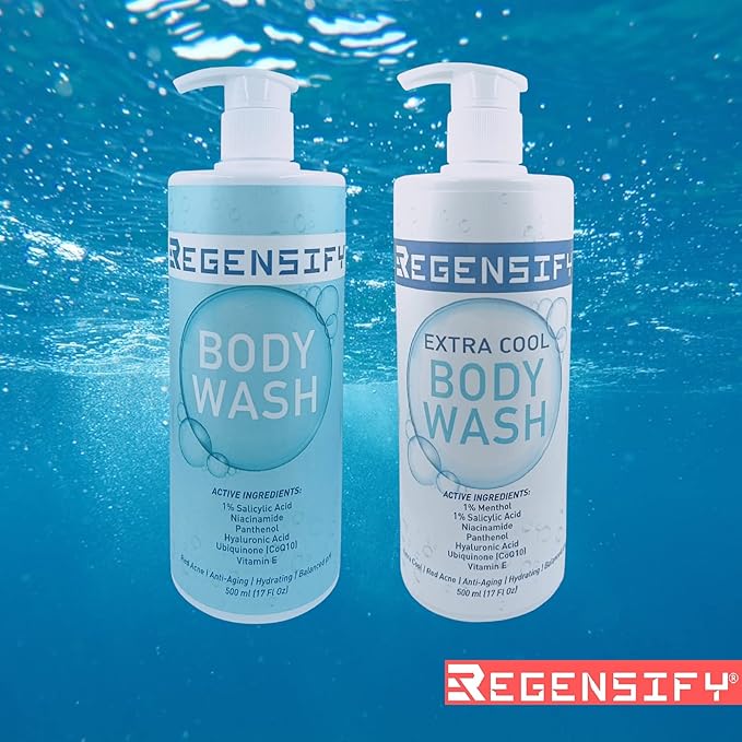 REGENSIFY Red Acne Extra Cool Body Wash 500 ml (17 Fl Oz) [1% Menthol 1% Salicylic Acid Niacinamide Panthenol Hyaluronic Acid Coenzyme Q10 Vitamin E] - Anti Aging Hydrating Icy Shower Gel
