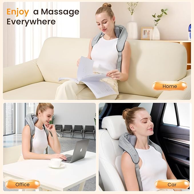 4D Wireless Deep Tissue Kneading Neck Massager with Heating Function Shiatsu and Shoulder Massage PillowBack and Leg Pain Relief Body Muscle Pain Relief Perfect Gifts for Men Women. (Grey)