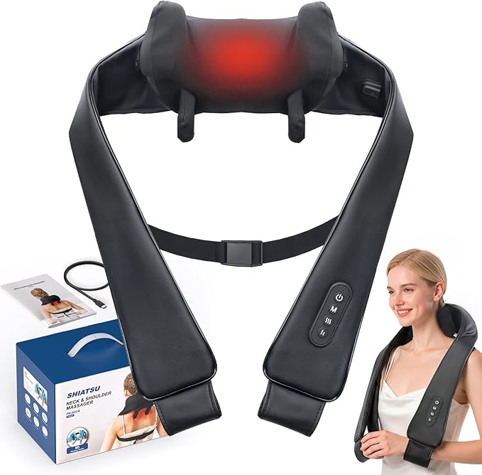 Cordless Neck Shoulder Massager with Heat Deep Tissue Shiatsu Kneading for Pain Relief Upgraded Straps Portable for Home Office Travel Ideal Gifts for Men Women Mom Dad