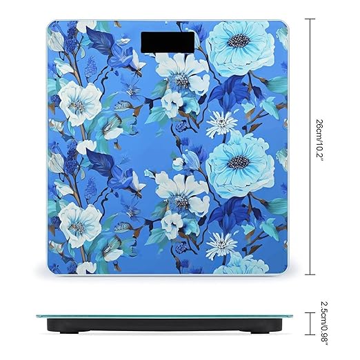 Blue Floral Bathroom Scale Automatic Power On/Off Body Scales LCD Backlight Display Square Digital Scale Rounded Corners Bathroom Scales for Home Bedrooms