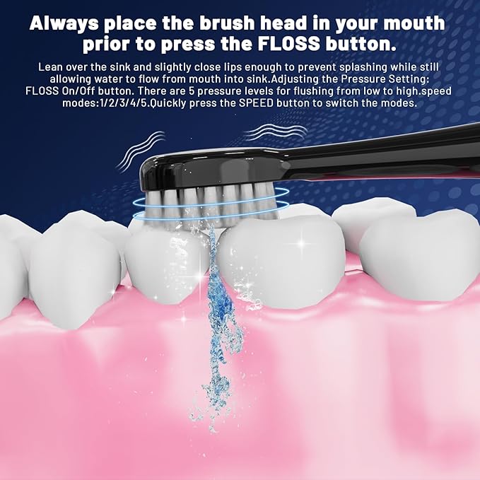 Electric Toothbrush with Water FlosserPortable Flossing Toothbrush White 8 ModeIPX8 WaterproofEquipped Brush Head and Nozzlefor Travel and Home-Black