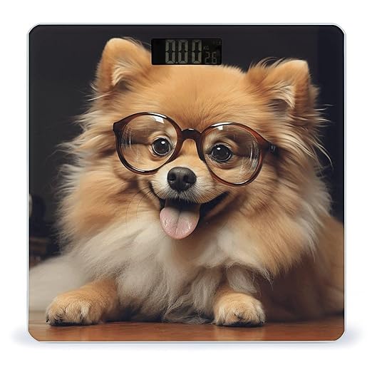 Pomeranian Dog Wearing Glasses Bathroom Scale Rounded Smart Scale for Body Weight Automatic Power On/Off Weight Scales Accurate Bathroom Digital Scales for Pet Home Bedroom Kitchen