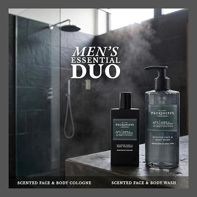 Pecksniff's Face &amp Body Duo Amber &amp Oud Wood – Men’s Grooming Gift Set with 100ml Face &amp Body Cologne and 250ml Body Wash – Luxury Fragrance Collection Made in England
