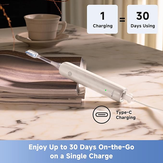 Mova Fresh SweepDrive Electric Toothbrush Rechargeable Electric Power Toothbrush for Adults Intuitive Pressure Sensing 3-in-1 Replacement Brush Head with Holder 30 Days of Battery Life White