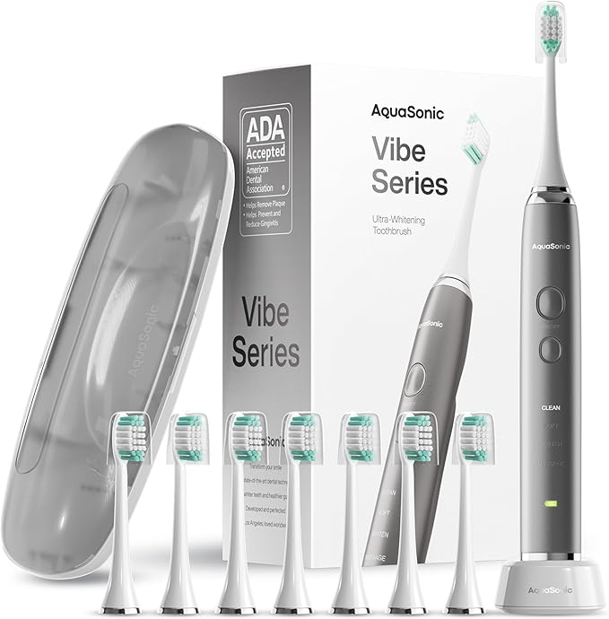 Aquasonic Vibe Series Ultra-Whitening Toothbrush – ADA Accepted Electric Toothbrush - 8 Brush Heads &amp Travel Case – 40000 VPM Motor &amp Wireless Charging - 4 Modes w Smart Timer – Charcoal Meta