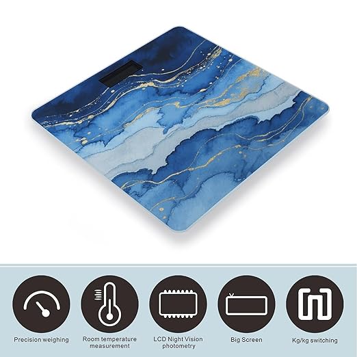 Abstract Blue Marble Watercolor Weight Scale Large Bathroom Scales Digital Weight with Bright LED Display Non Slip Automatic Weighing Scale Fashion Weighing Machine for Body