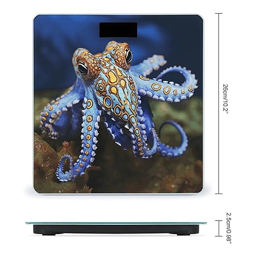 Blue Ringed Octopus Scale for Body Weight Safe Rounded Corners Tempered Glass Digital Bathroom Scale LED Display 400lb Capacity Weight Scales with High Precision Sensors
