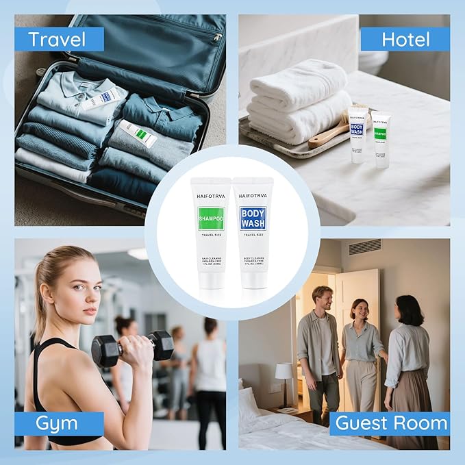 Travel Size Shampoo and Body Wash Bulk Pack of 50Individually Wrapped 30ml/1 fl oz Small Size Hotel Supplies Portable Toiletries Amenities Bulk for GuestsTravelHomelessCharity