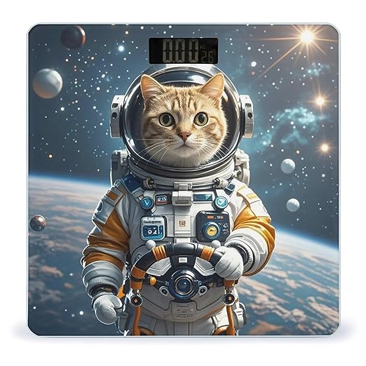 Astronaut Cat in Space Bathroom Scale for Body Weight Bathroom Weighing Scales with Back Lit LED Display Sturdy Tempered Glass Body Weight Bathroom Scale 400lb Weighing