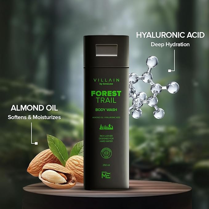 Villain Forest trail Body Wash Infused with Hard Water Softener Shower Gel for Men Hyaluronic Acid Almond Oil Vitamin E Hydrating and Moisturizing Skin Friendly Paraben Free Vegan Body Cleanser